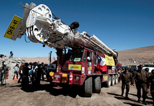 Drill rig nicknamed 'The Miracle' arrives on site in Copiap, Chile to drill shaft that ultimately rescues the 33 trapped miners